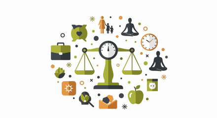 Fototapeta premium Work Life Balance Concept Illustration with Icons for Wellness, Health, Career, Family, and Time Management on White Background