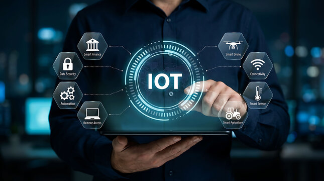 Businessman using digital tablet controlling internet of things IOT network