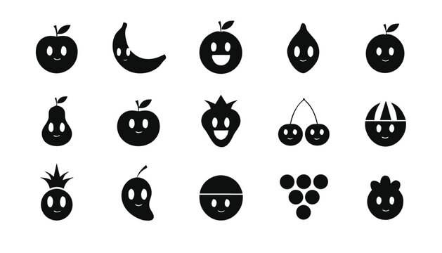 Cute cartoon fruit character icon set with happy smiling faces