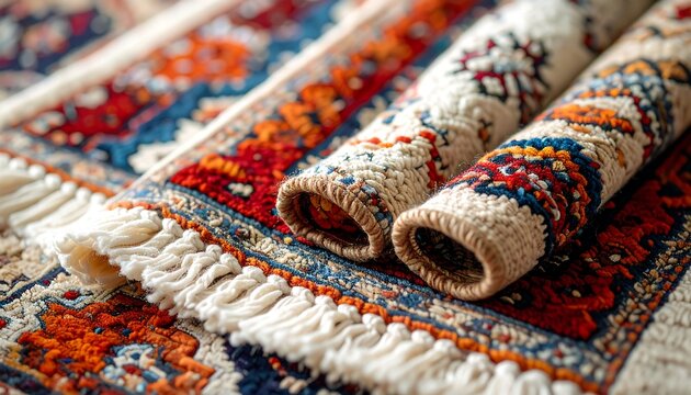 A close-up view of a rolled-up colorful rug with intricate patterns and white fringe