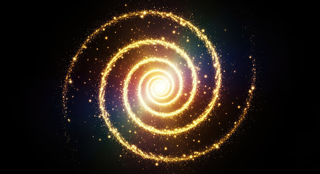 A vibrant, golden spiral emerges from a dark background, resembling a cosmic swirl. The spiral is composed of glittering particles and light, creating a mesmerizing and dynamic effect.