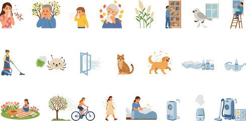 Fototapeta premium Seasonal allergy triggers and symptom icons collection showing pollen dust mites pet dander cleaning and air purification vector illustration