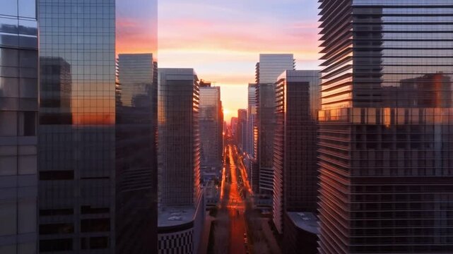 Vibrant sunset over a modern city skyline with gleaming glass skyscrapers and a long urban street stretching into the distance.