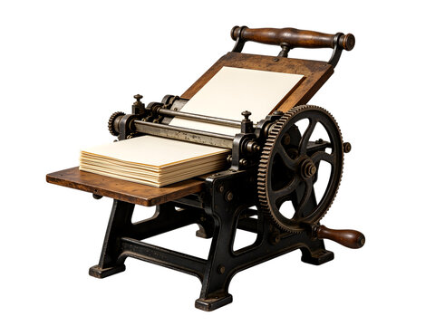 Vintage Printing Press Machine on Wooden Table in Antique Workshop Setting