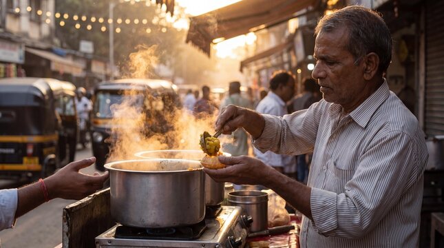 Indian Street Food Vendor at Golden Hour with Smoke