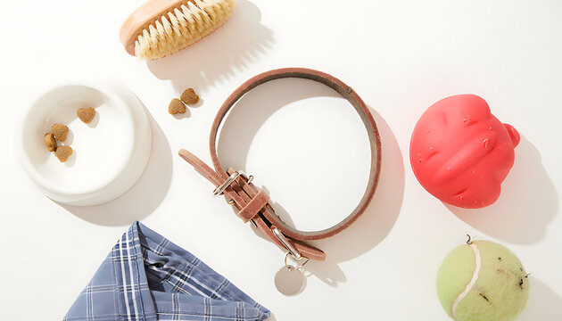 Overhead View of Dog Accessories Flatlay on White Surface