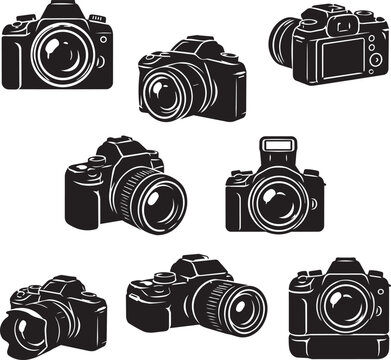 Vintage and Modern Camera Set Collection with Retro Film and Digital Photography Equipment Vector Icons Isolated on White Background