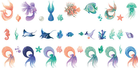 Watercolor marine life illustration set with tropical fish, manta ray, seahorse, jellyfish, starfish, coral reef plants, and mythical mermaid tails isolated vector graphic © Md