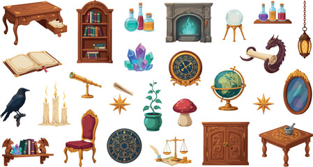 Fantasy RPG wizard study vector asset bundle featuring medieval alchemy laboratory furniture, mystical spell books, crystal ball, magic potions, and gothic room decor isolated on white background. © MstRahima