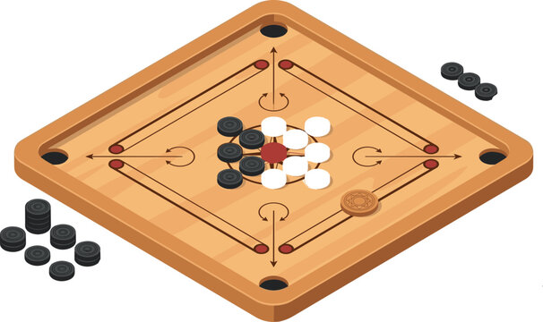 Isometric Carrom Board Vector Illustration with Striker and Coins for Indoor Games and Traditional Entertainment Designs