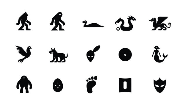 Legendary cryptids and folklore monster silhouettes on white background