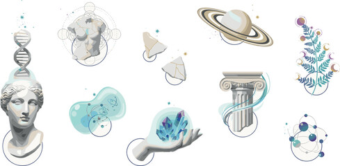 Abstract science vector element set featuring greek statues dna helix planet saturn roman column crystal hand and mystical alchemy geometry illustration © Md