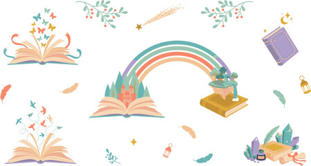 Whimsical fantasy storybook elements vector bundle featuring open books with rainbow butterflies birds crystal clusters magic wand and enchanted fairytale castle © MstRahima