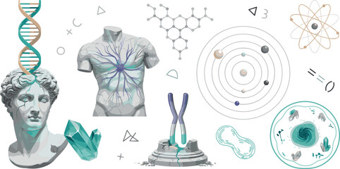 Abstract science vector set with greek statue head human torso dna helix chromosome chemical molecule atom model solar system and biology cell elements © Md