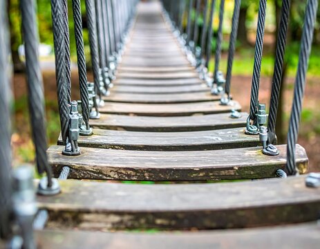 A close-up view of a rustic suspension bridge's wooden planks and metal cables