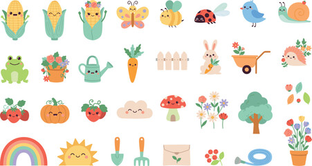 Cute kawaii spring garden vector element bundle featuring happy cartoon vegetables, friendly insects, garden tools, flowers, and woodland animals isolated on white background. © MstRahima