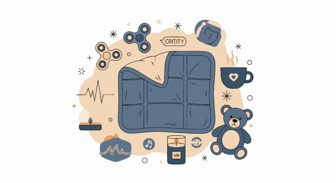 Weighted Blanket and Sensory Tools Illustration for Anxiety Relief, Stress Management, and Better Sleep Quality - Flat Vector Design