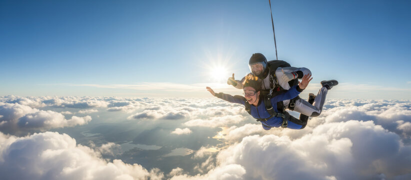 Skydiving adventure cloud sky parachute tandem extreme outdoor thrill freedom excitement sunlight altitude sport fun adrenaline blue white happy
