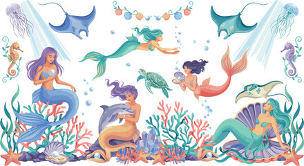 Beautiful watercolor mermaid and underwater marine life illustration set with fantasy sea princesses, playful dolphin, sea turtle, manta ray, and coral reef elements. © Md