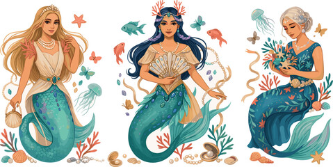 Beautiful watercolor mermaid character vector collection featuring elegant fantasy sea princesses with coral reef crown, pearls, ocean fish, shells, and marine elements © Md