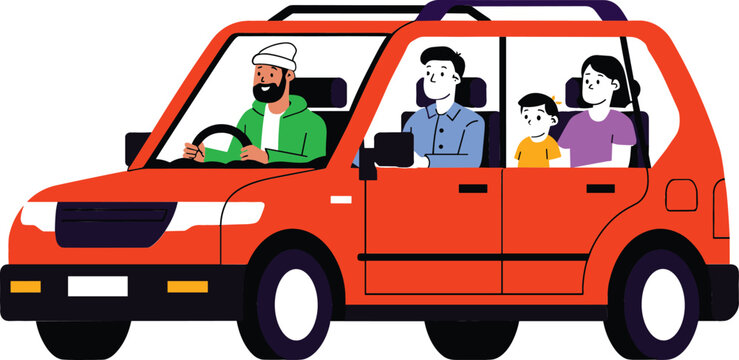 Happy diverse family group traveling together inside an orange suv car for weekend road trip vacation adventure
