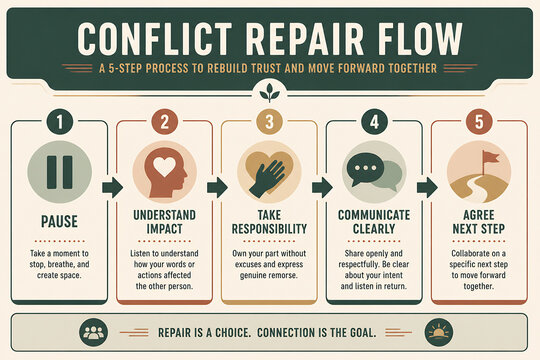 A graphic illustrates a five-step conflict repair flow process to rebuild trust and move forward together.