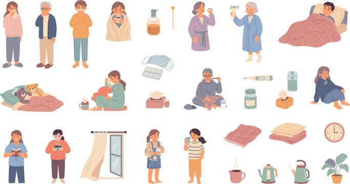 Cold and flu home recovery icons set featuring sick characters with fever chills coughing medicine and bedtime care vector