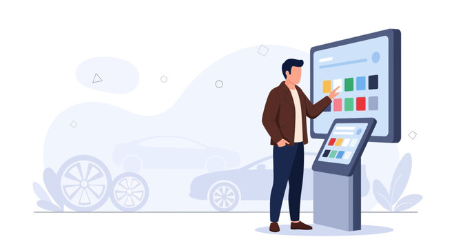 Man choosing car color and options on a digital display screen in a showroom, vector illustration.