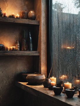 Lit candles and pottery on a wooden shelf by a rainy window