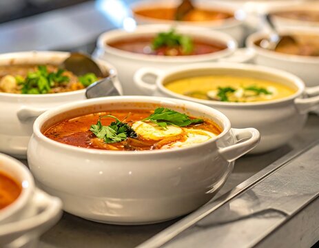 A close-up view of a selection of six vibrant soups served in white ceramic bowls, garnished with herbs