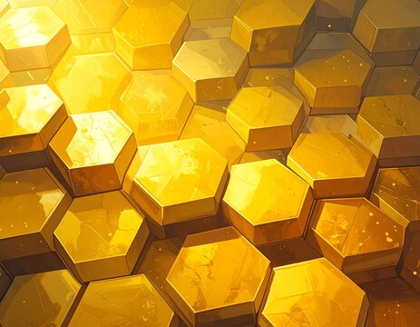 A close-up view of a seemingly endless arrangement of shiny golden hexagonal cells
