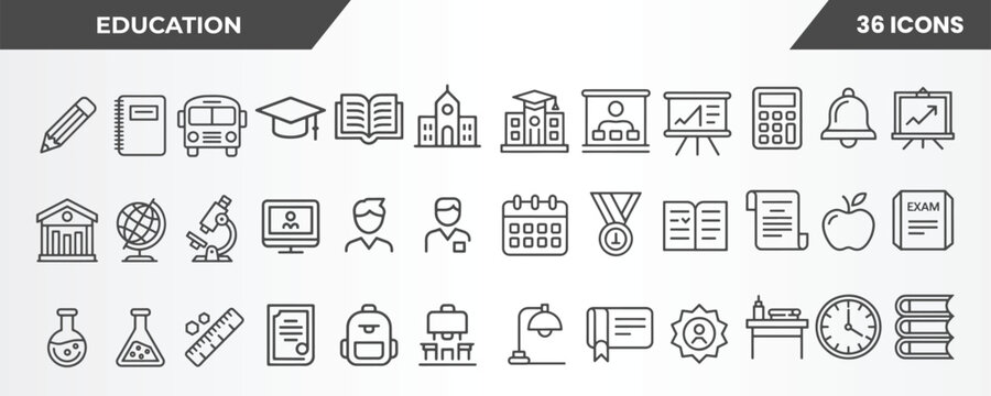 Education Vector Icons Set School Learning Study Outline Symbols
