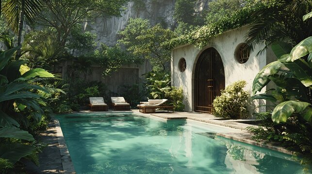 Luxury swimming pool at a tropical jungle villa retreat