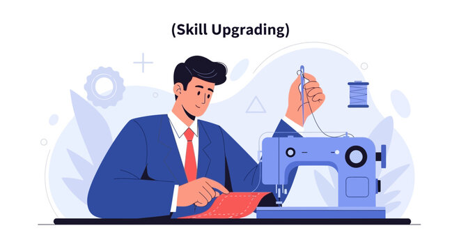 Man in Suit Learning to Sew on a Sewing Machine - Skill Upgrading Concept