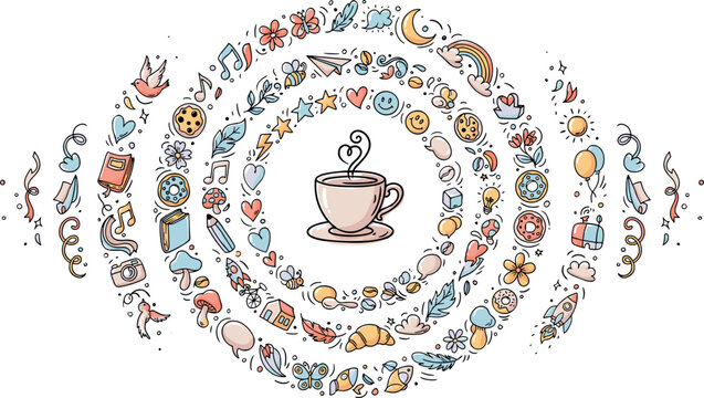 Creative coffee cup concept illustration with spiral circle of cute lifestyle morning routine doodles dessert food icons and cafe break elements vector.