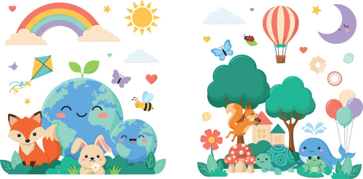 Cute cartoon earth day vector illustration set featuring happy smiling planets, lovely woodland animals, green trees, colorful rainbow, and fantasy hot air balloon elements