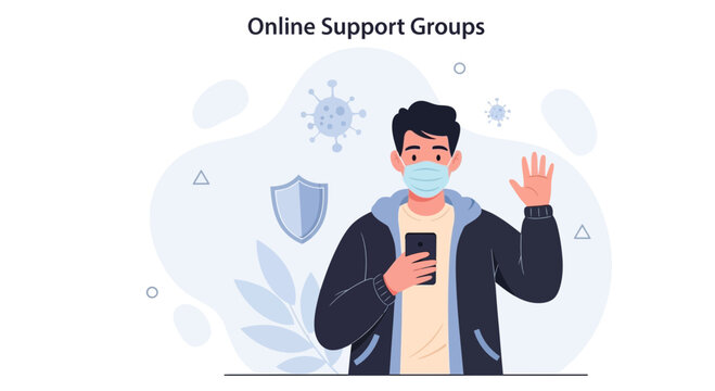 Man wearing face mask waving hello on video call, symbolizing online support groups and connection during pandemic.