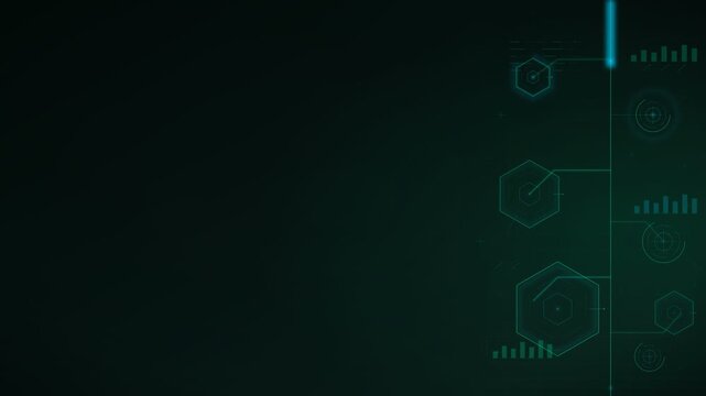 Geometric hexagonal shapes connected by lines with crosshair target symbols and small bar charts, dark green tech interface elements for data analysis layout.