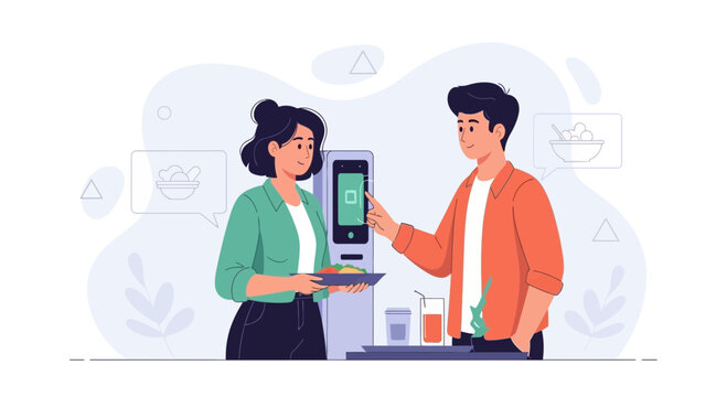 Modern Dining Experience: People Ordering Food at Self-Service Kiosk and Pickup Counter in Cafeteria