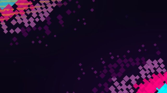 Abstract geometric composition with floating pixel squares in gradients of vibrant neon pink, purple, and cyan against dark void, tech-inspired graphic design.