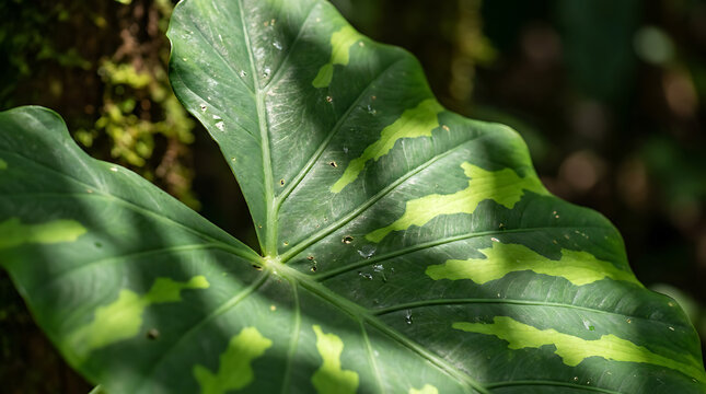 Variegated xanthosoma leaf with green and yellow patterns in a tropical forest.