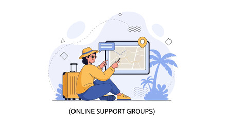 Obraz premium Person planning travel with online map and suitcase, representing digital navigation and trip planning.