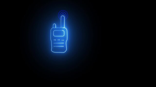 Glowing blue neon walkie talkie icon on black background a minimalist line drawing of a portable two way radio communication