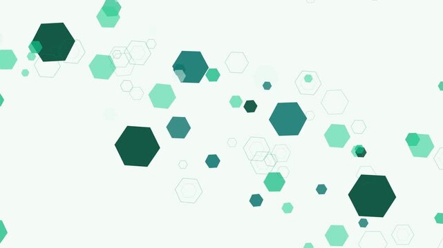 Pattern of floating teal and green hexagons with geometric outlines, minimal scientific design, abstract technological graphic element for commercial layouts.
