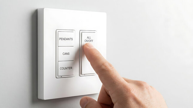 Person pressing an all on off button on a white wall mounted light switch panel for controlling home lighting zones.