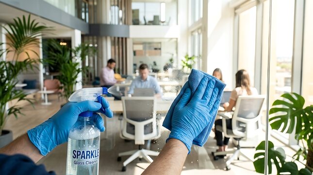 Concierge cleaning office glasses for hygiene and sanitization