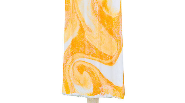 Orange and white swirled popsicle on a wooden stick, isolated on transparent background