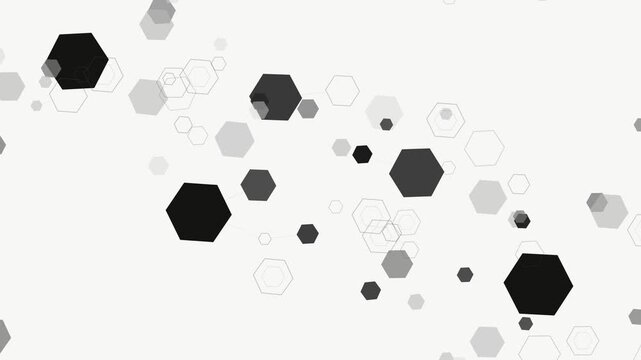 Abstract geometric pattern featuring scattered black and grey hexagons and outlines on a white surface, minimalist graphic design element for corporate visuals.