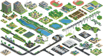Isometric eco city infrastructure map elements featuring green sustainable architecture renewable solar energy urban parks and modern transport vector © Md