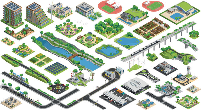 Isometric eco city infrastructure map elements featuring green sustainable architecture renewable solar energy urban parks and modern transport vector